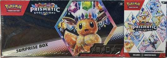 Pokémon Prismatic Evolutions Surprise Box and Booster Bundle packaging with a Pokémon figure and cards.